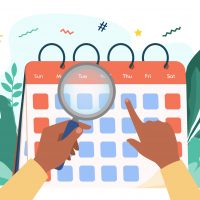 Hands with magnifier checking calendar. Magnifying glass, date, day flat vector illustration. Time and planning concept for banner, website design or landing web page